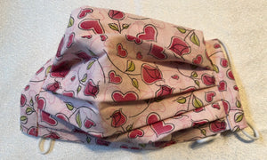 Pink Hearts Face Mask, adjustable ties, nose wire, pocket filter