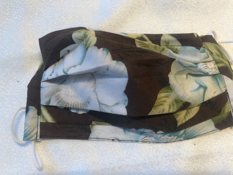 White Flowers on Brown, adjustable ties, filter pocket, nose wire