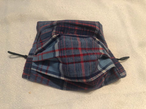 Blue and Red Plaid, adjustable ties, filter pocket, nose wire
