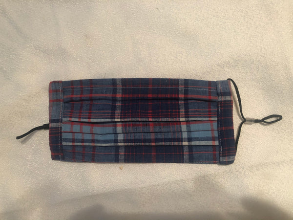 Blue and Red Plaid, adjustable ties, filter pocket, nose wire