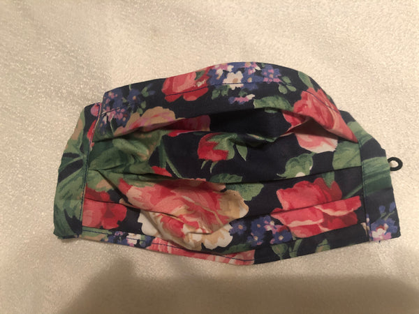Blue with Red Roses, adjustable tie, filter pocket, nose wire